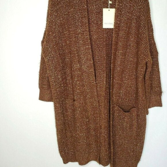 Small Oversized Cardigan Brown Metallic Festive Boho Pockets - Picture 2 of 9